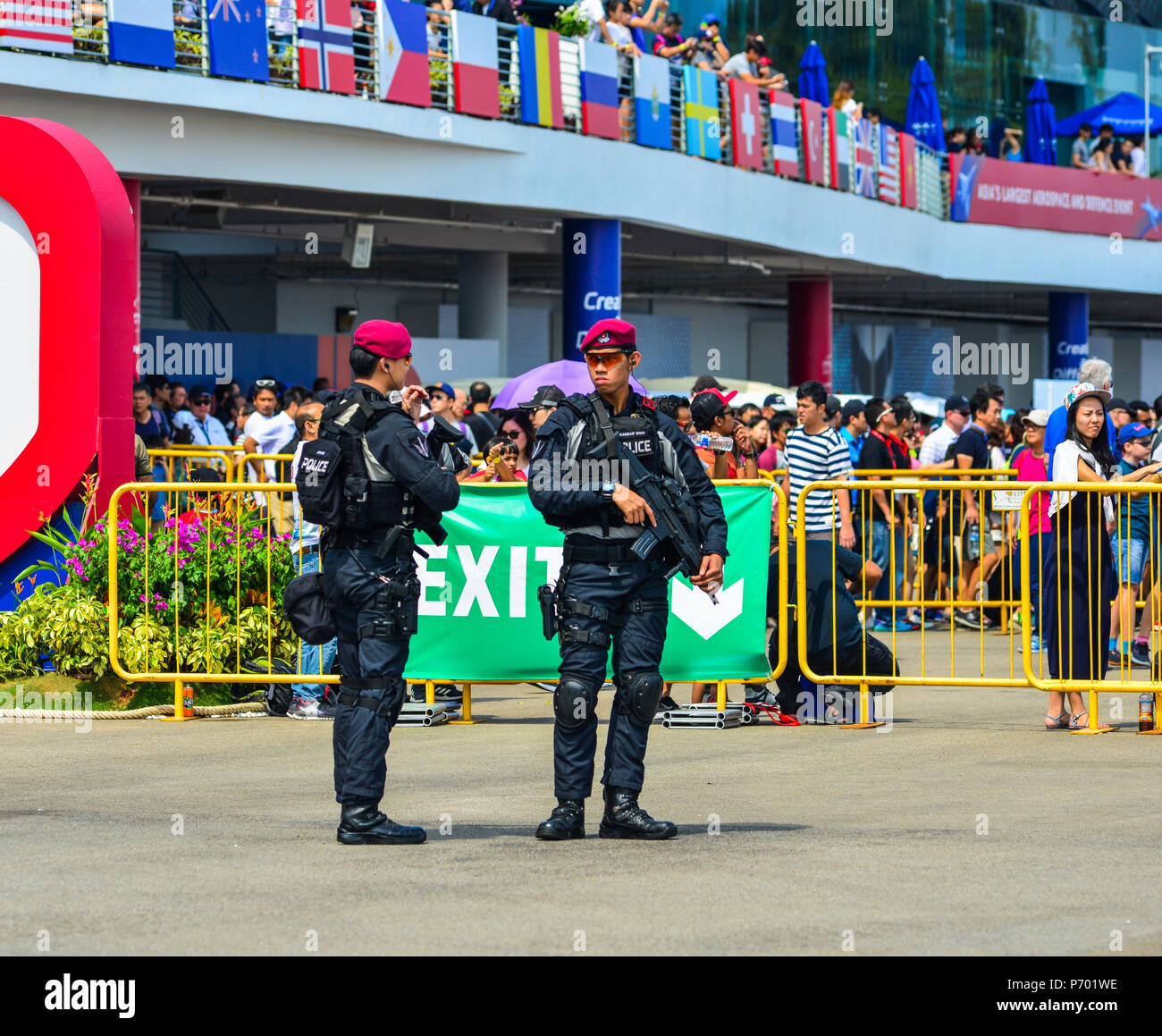 Singapour - Feb 10, 2018. Commandement des opérations spéciales des soldats travaillant au Centre d'exposition de Changi à Singapour. Banque D'Images