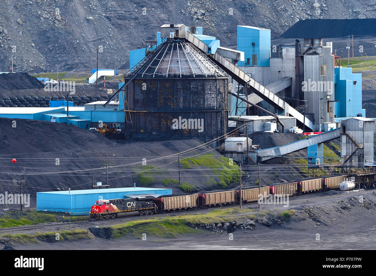 Une image horizontale d'un train de marchandises du Canadien National de charbon brut chargement à partir d'une usine de traitement dans les contreforts des montagnes Rocheuses, près de Cadomin Banque D'Images