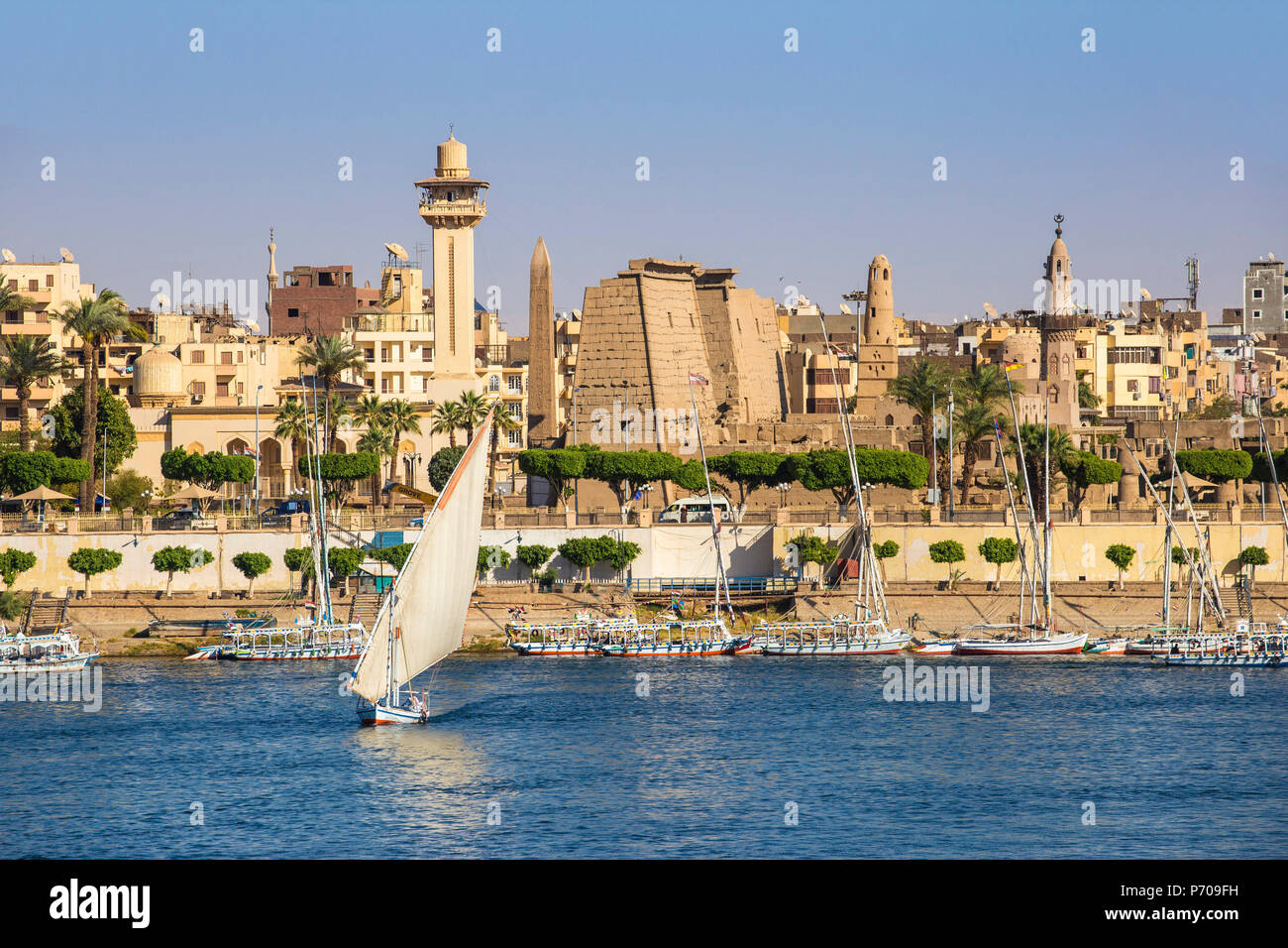 Egypte, Louxor, vue sur la rivière du Nil et le temple de Louxor Banque D'Images