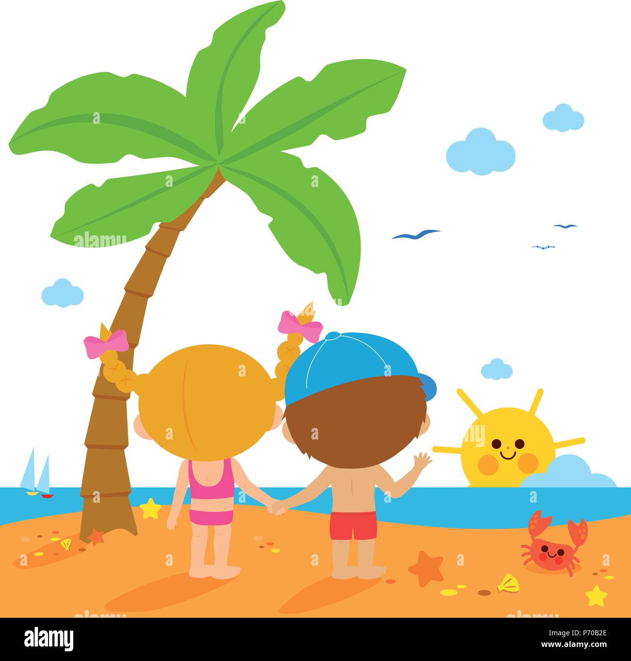 Les enfants à la plage sous un palmier regardant le soleil. Enfants sur une île de vacances d'été. Illustration vectorielle. Illustration de Vecteur