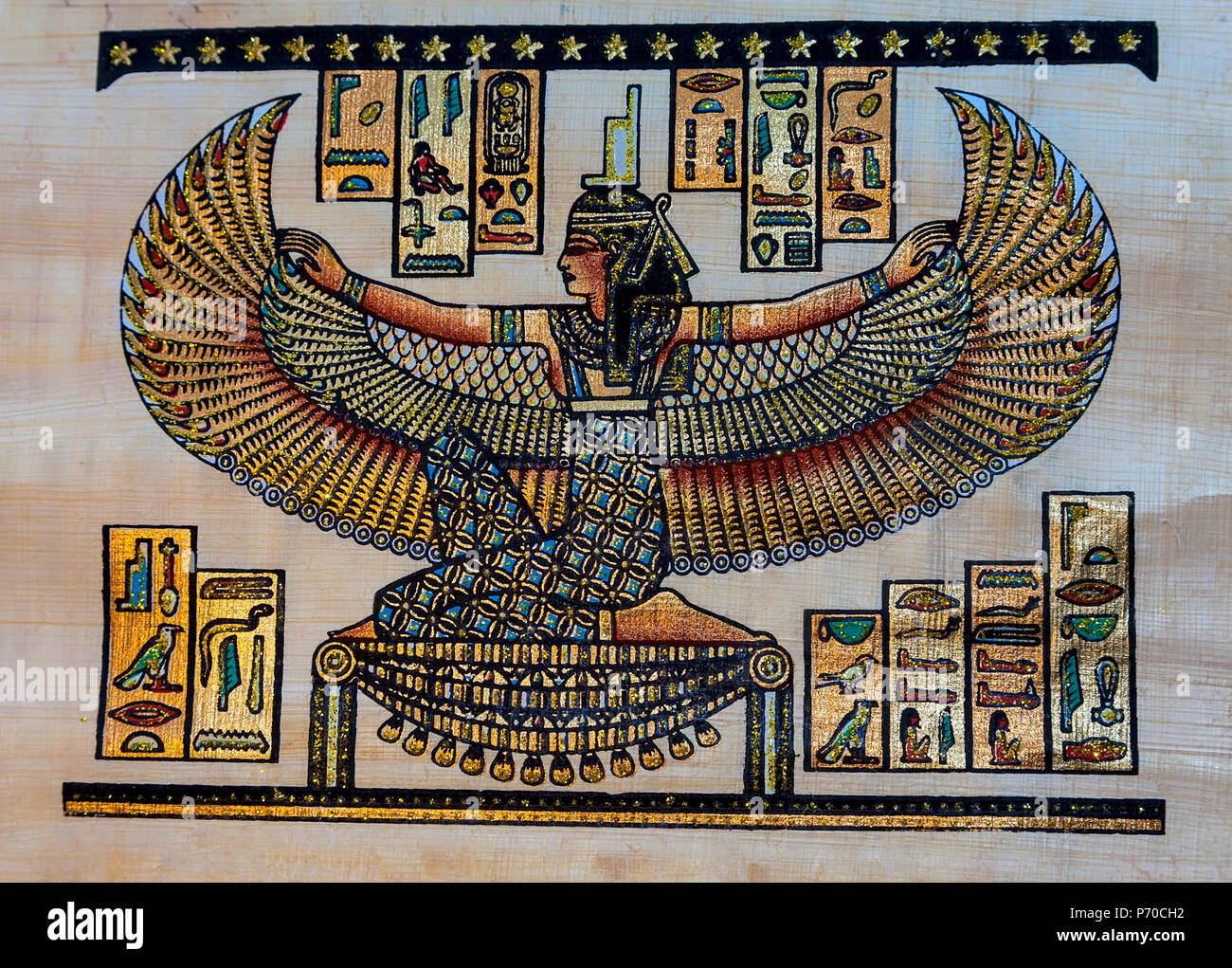 Syros : 3 juillet. Photographie d'un papyrus d'Amon le dieu patron de Thèbes le diety égyptien avec des ailes. Syros : 3 juillet, 2018 La Grèce. Banque D'Images