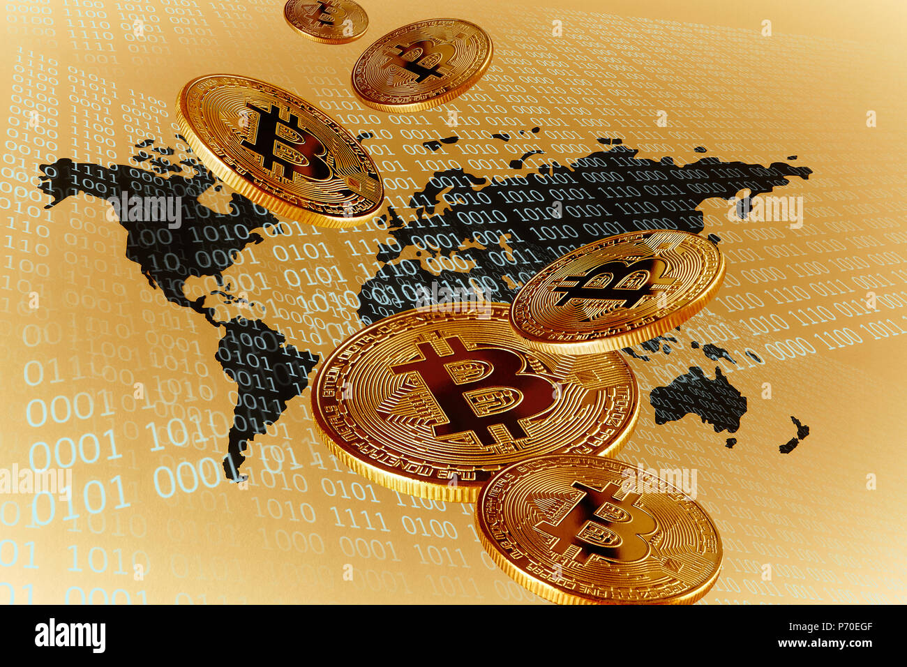 Les Bitcoins sur la carte globale d'or Banque D'Images