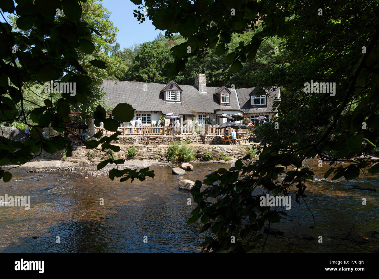 Fingle bridge, Drewsteignton, Devon, Angleterre, Royaume-Uni. Le Fingle Bridge inn un pub populaire sur les rives de la rivière Teign, Dartmoor National Park Banque D'Images