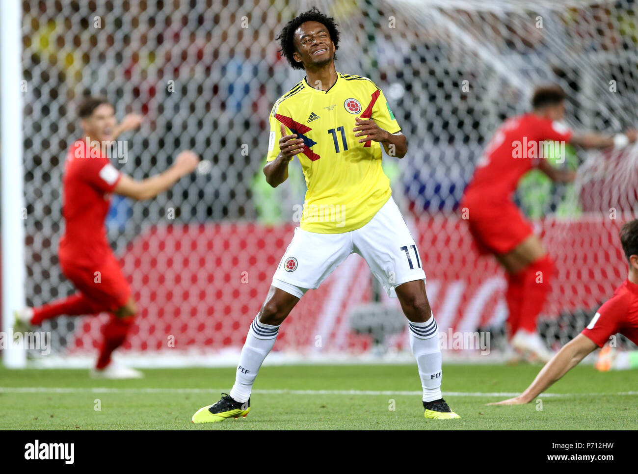 La Colombie Juan Cuadrado réagit à une occasion manquée lors de la Coupe du Monde FIFA 2018, série de 16 match au stade du Spartak de Moscou. Banque D'Images