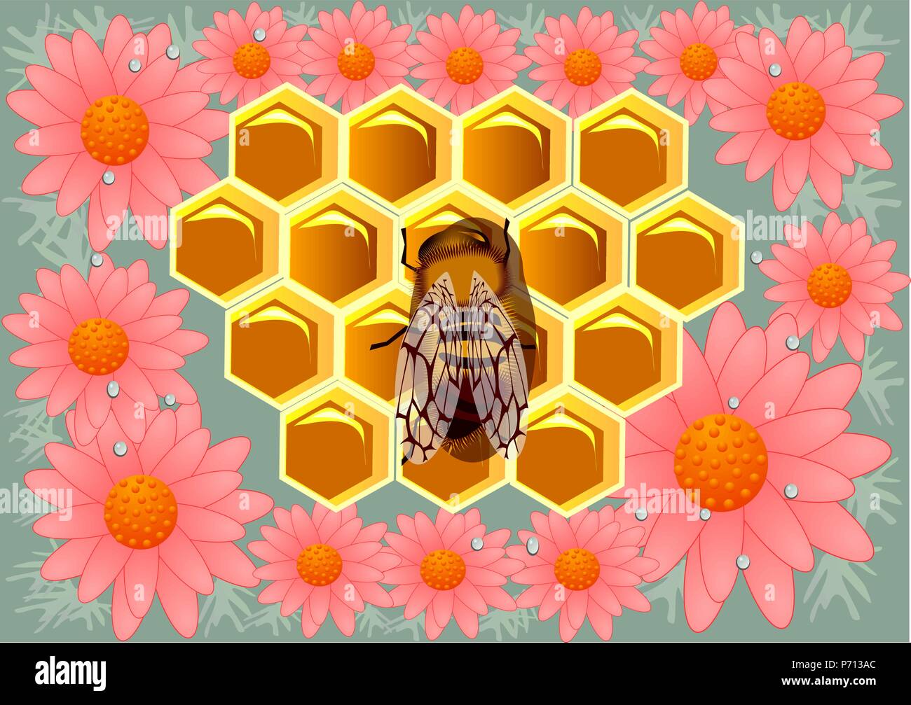 Abeille et fleurs. Travailler sur honeycells bee Illustration de Vecteur