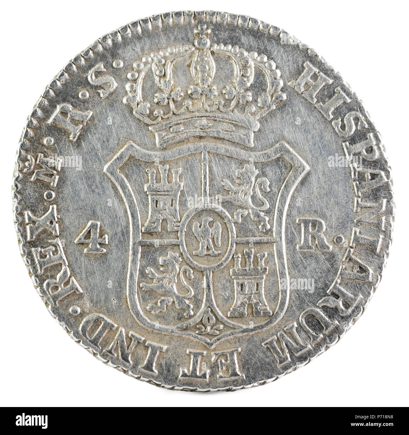 L'ancienne pièce d'argent espagnole du roi José Napoléon. 1812. Inventé à Madrid. 4 reales. Marche arrière. Banque D'Images