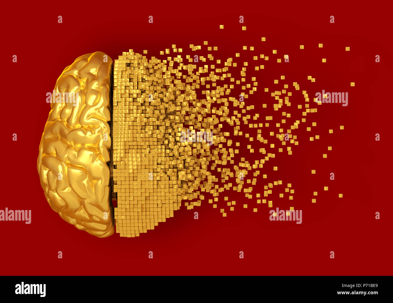 Désintégration de cerveau numérique d'or sur fond rouge. 3D Illustration. Banque D'Images