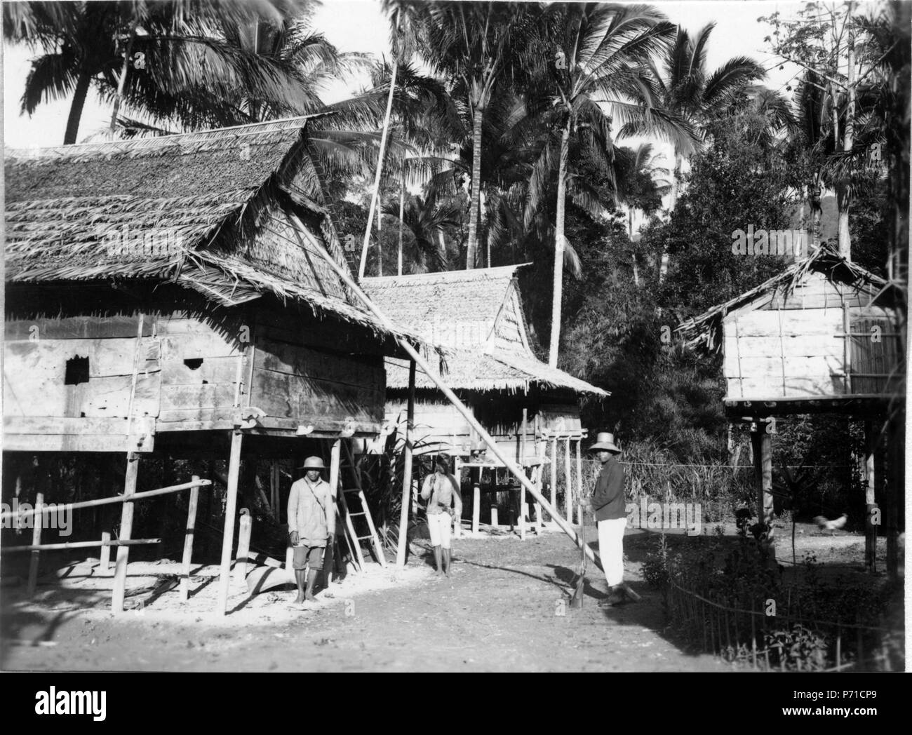 7 Byscen, t.v. två bostadshus, t.h. en risbod. Doohian. Indonesien - SMVK - 000188 Banque D'Images