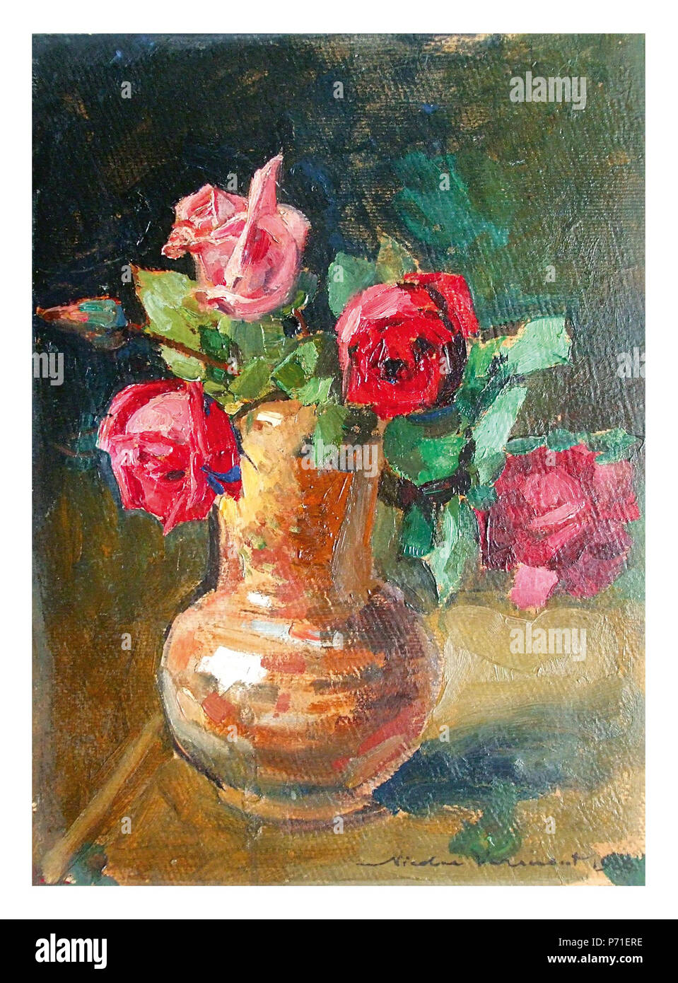 Român : Nicolae Vermont - Trandafiri rosii ulei pe, carton, semnat datat du si (1926) dreapta jos cu negru, 24,7 x 33 cm. 1926170 Nicolae Vermont - Trandafirii rosii Banque D'Images