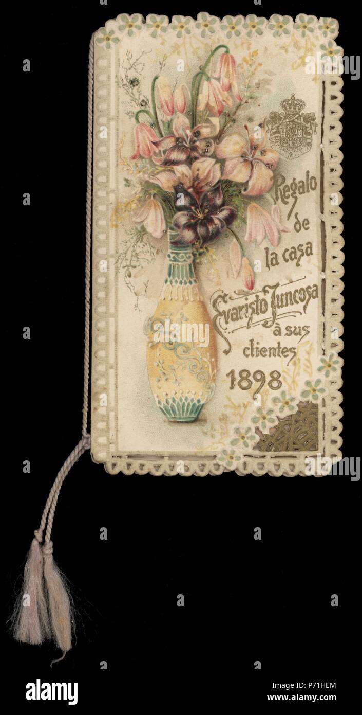 Calendario de bolsillo, moderniste regalo de Chocolates Juncosa, año 1898. Banque D'Images