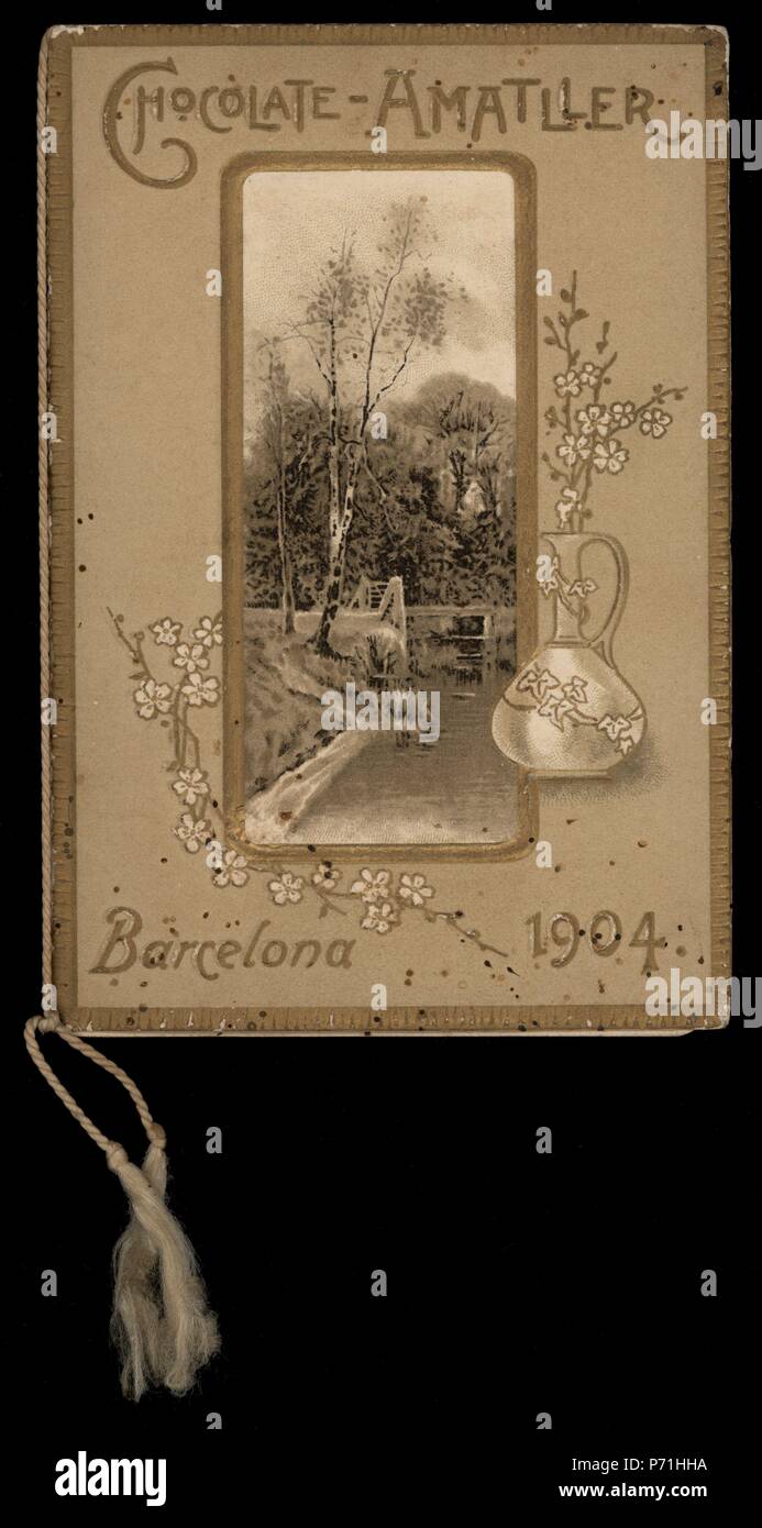 Calendario de bolsillo, moderniste regalo de Chocolates Amatller, año 1904. Banque D'Images