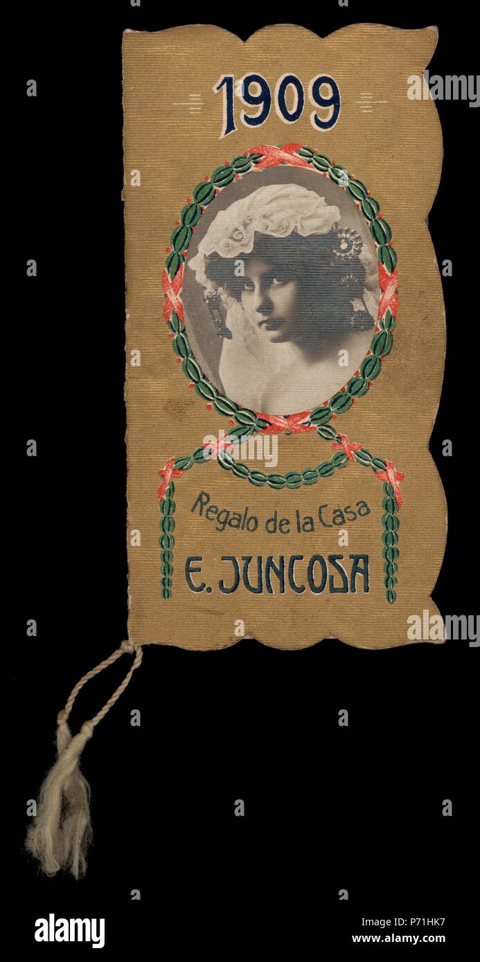 Calendario de bolsillo, moderniste regalo de Chocolates Juncosa, año 1909. Banque D'Images