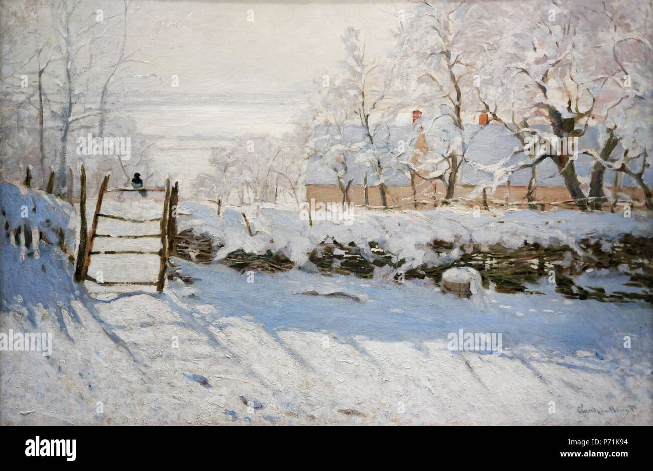 . Français : La Pie la pie . English : Paysage enneigé du peintre impressionniste Claude Monet représentant une pie perchée sur une barrière. Anglais : peinture Snowscape par l'impressionniste français Claude Monet représentant une pie noire solitaire perché sur une clôture. . Entre 1868 et 1869 153 La Pie de Monet Banque D'Images