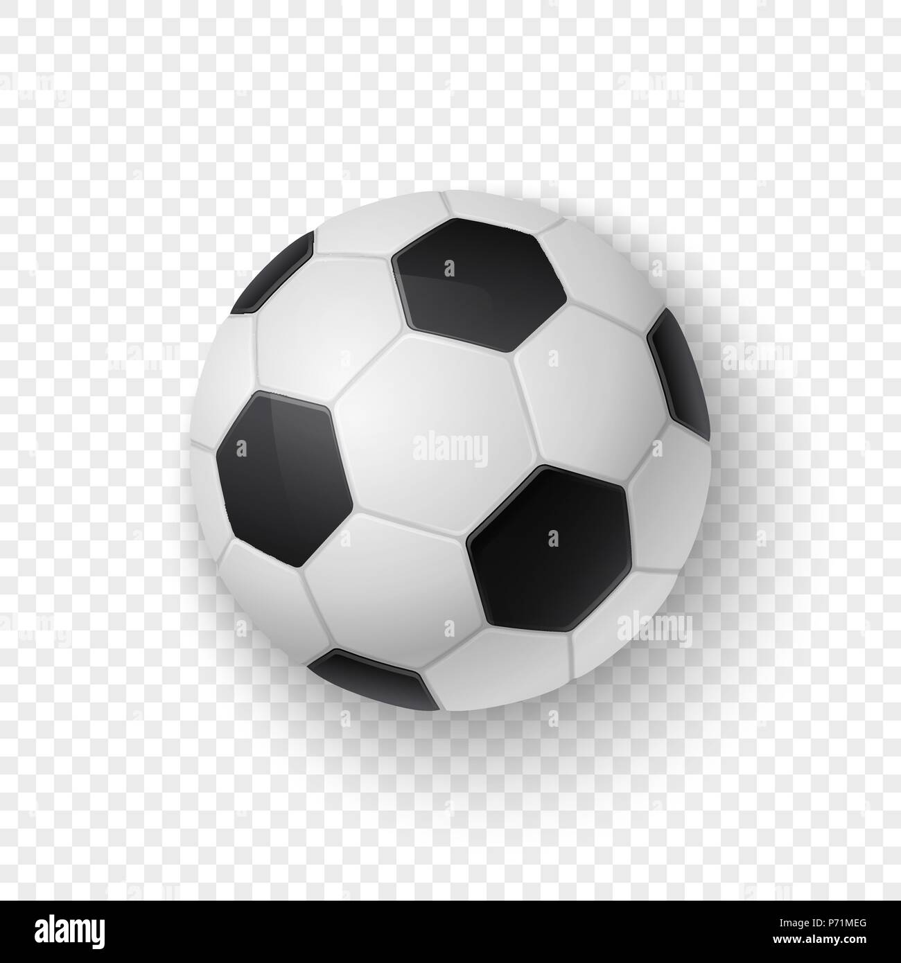 Vector 3D réaliste classique noir et blanc ballon de soccer football gros plan sur l'icône isolé sur fond de grille de la transparence. Modèle de conception pour le graphisme, immersive. Vue d'en haut Illustration de Vecteur