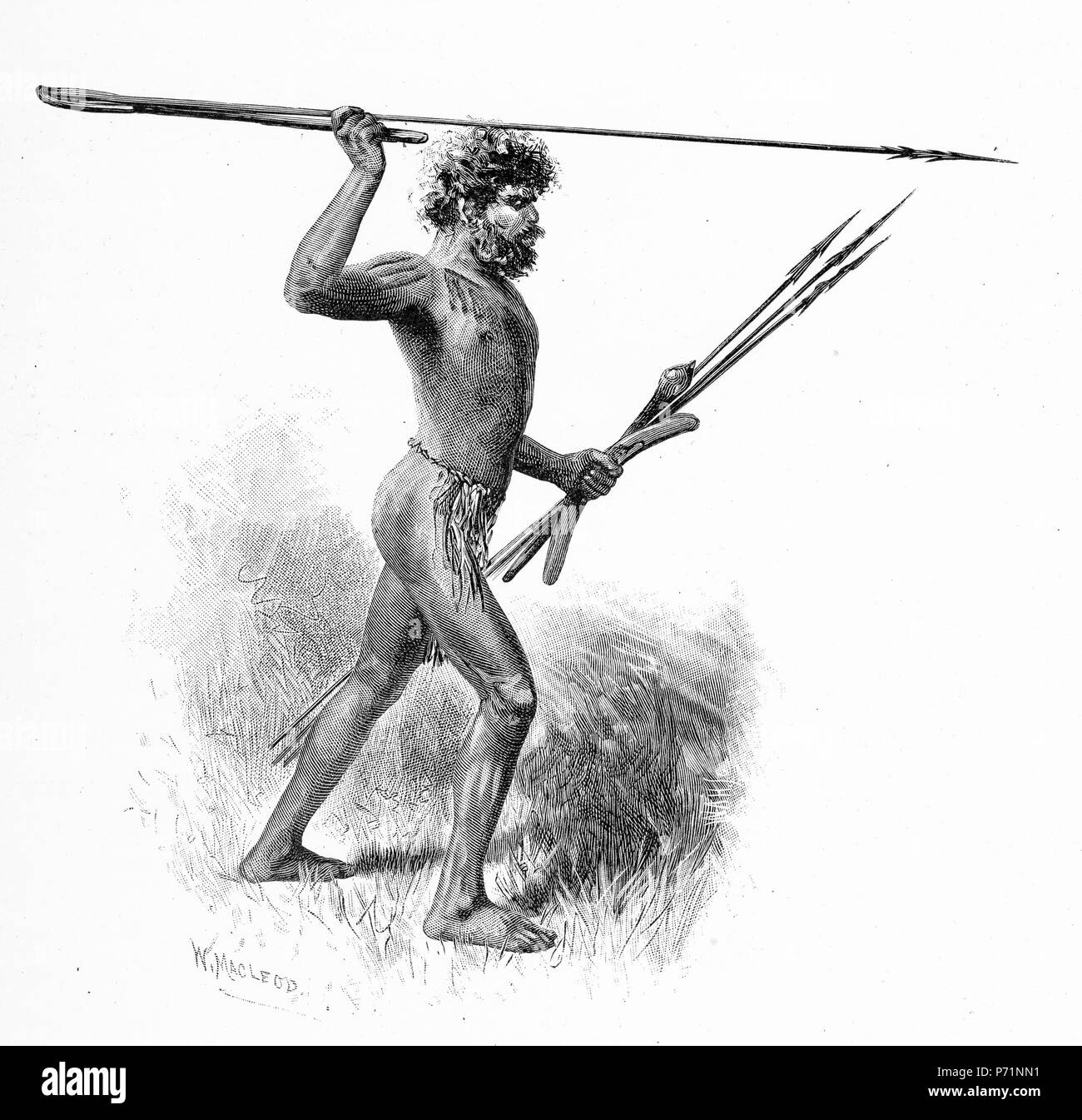 Gravure d'un guerrier autochtone jetant une lance à l'aide d'un bâton, ou jeter de Woomera en Australie. À partir de l'Atlas pittoresque d'Australasie Vol 3, 1886 Banque D'Images