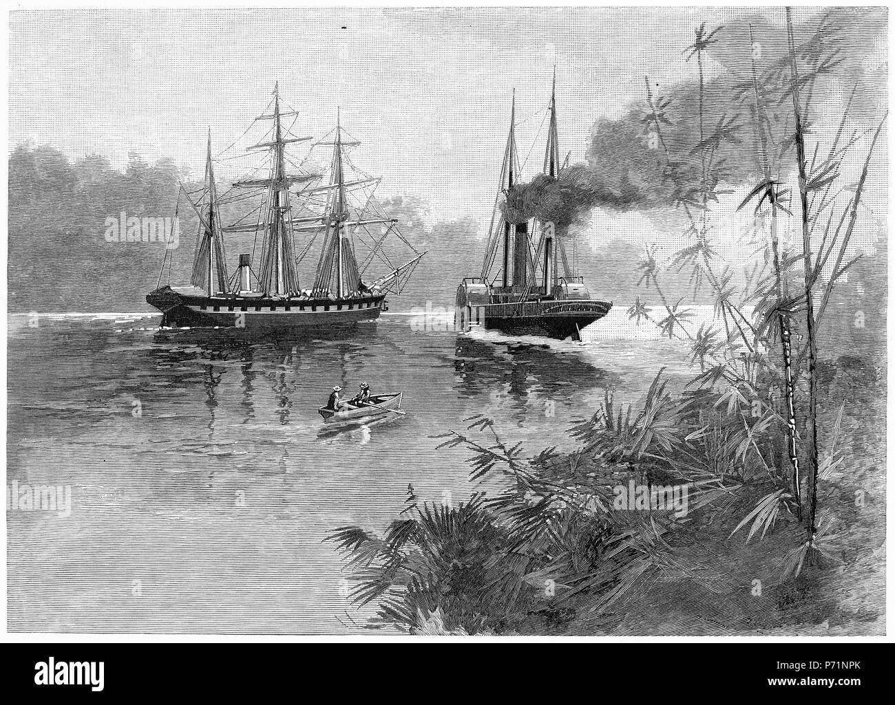 Gravure de navires à voile sur la rivière Roper, de l'Australie. À partir de l'Atlas pittoresque d'Australasie Vol 2, 1886 Banque D'Images