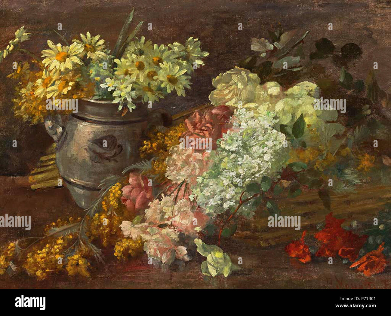 Blumenstilleben mit Steingutvase. Öl/KTN. 55 x 74 cm. Signiert. avant 1936 9 Amalie Vanotti Stillleben Banque D'Images