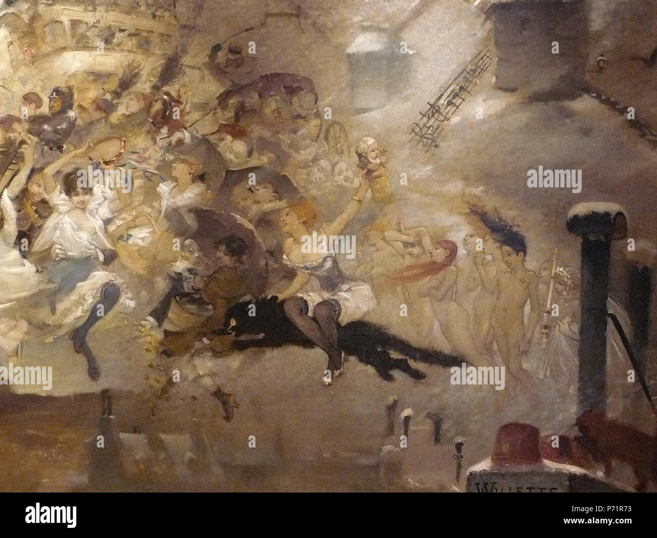 English : - détail 052 - Une foule en fête et un attelage à l'impériale au-dessus des toits de Paris, près des moulins English : - une foule de fête et un chariot à deux niveaux au-dessus des toits de Paris, près de la Mills - Montmartre - . WILLETTE Adolphe,229 1884 1884 - Parce Domine - Détail 052 Banque D'Images