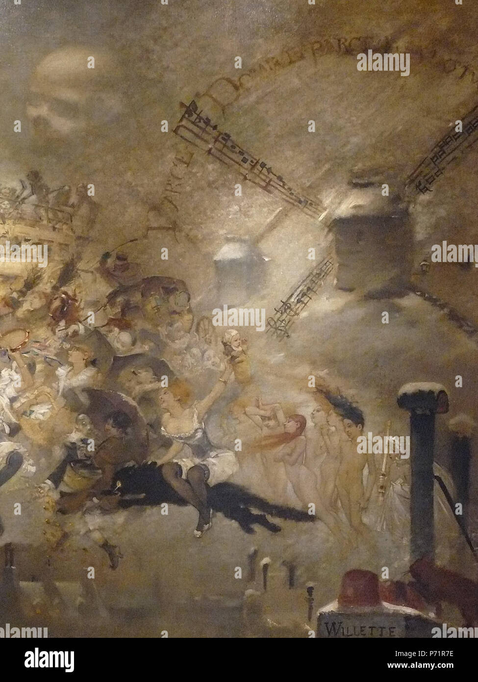 English : - détail 146 - Une foule en fête et un attelage à imperiale au-dessus des toits de Paris, près des moulins English : - une foule de fête et un chariot à deux niveaux au-dessus des toits de Paris, près de la Mills - Montmartre - . WILLETTE Adolphe,229 1884 1884 - Parce Domine - Détail 146 Banque D'Images