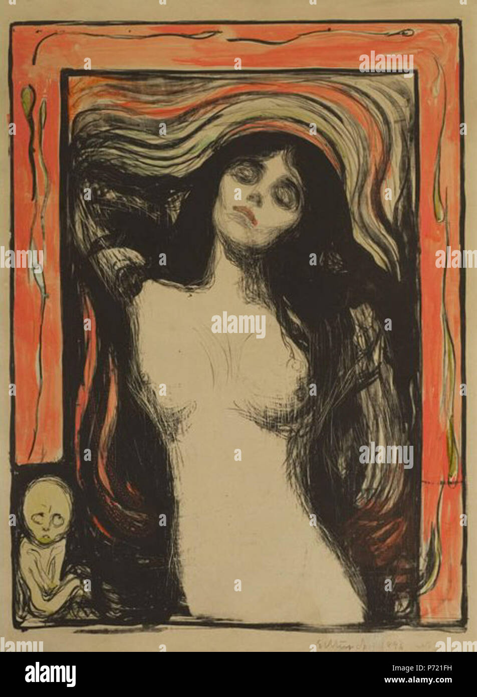 Anglais : Madonna d'Edvard Munch, 1895-1896, lithographie imprimée en noir, avec la coloration à la main sur la lumière d'un gris vert carton, 25 x 18 dans (64,8 x 47,2 cm) . Entre 1895 et 1896 13 Edvard Munch - Madonna, 1895-1896. Lithographie Banque D'Images