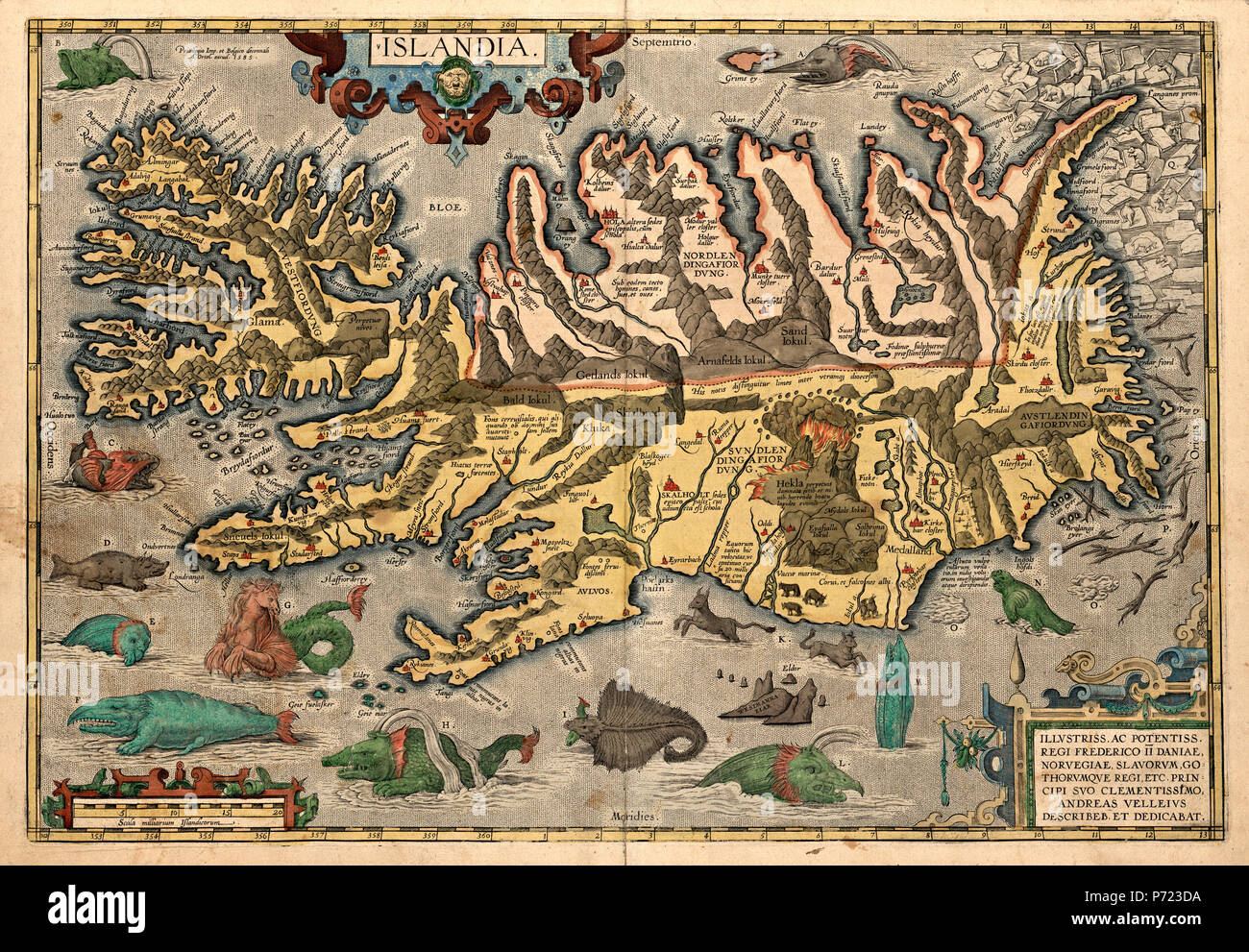 Imprimé et coloriée à la carte de l'Islande ca 1585 - Abraham Ortelius Cartographe Banque D'Images