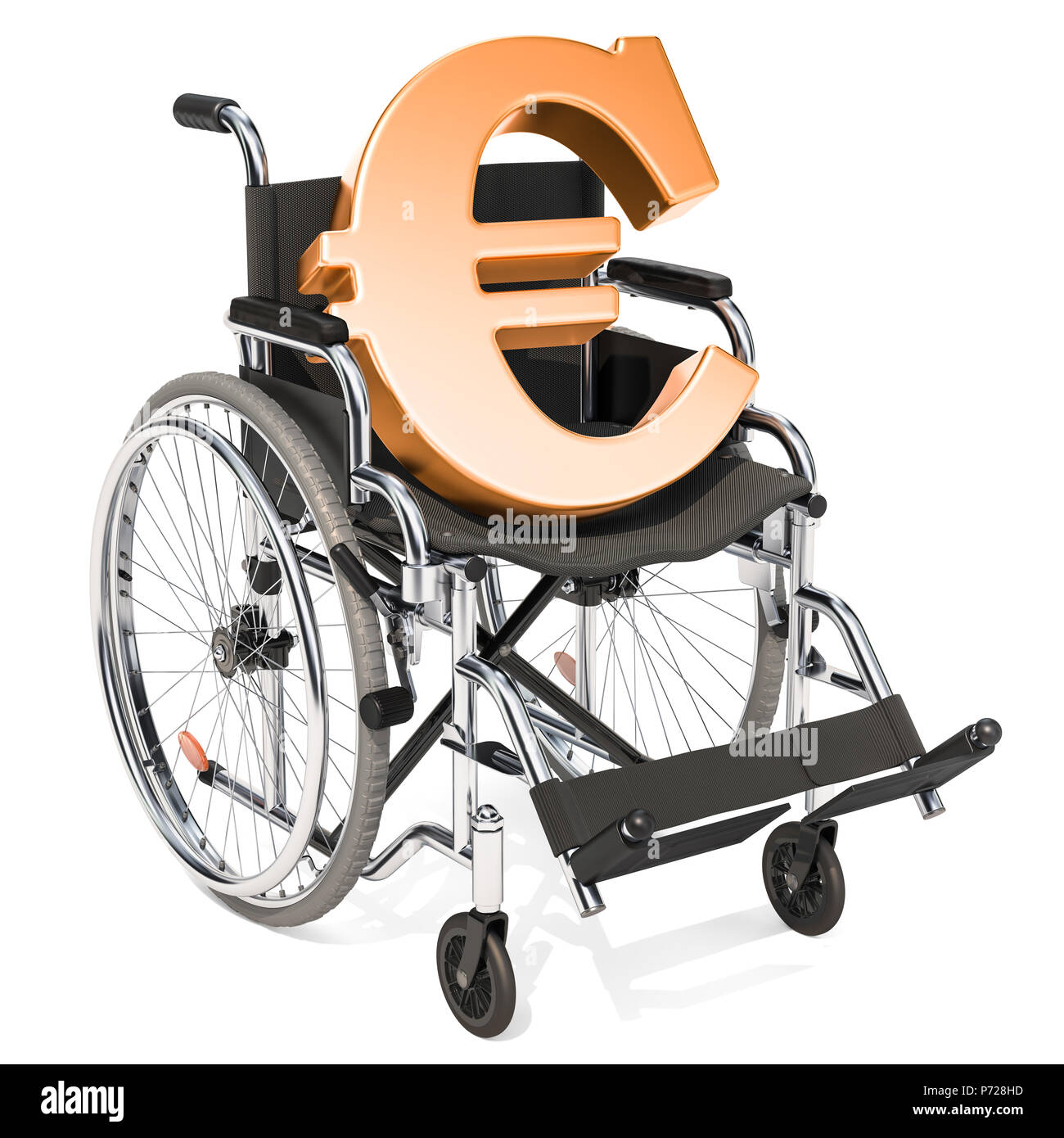 Fauteuil roulant avec symbole euro, soutien financier concept. Le rendu 3D isolé sur fond blanc Banque D'Images