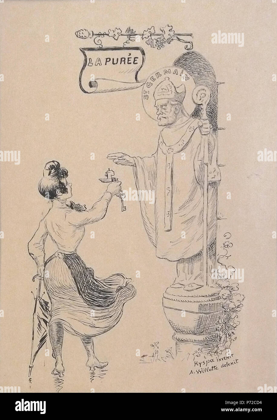 229 A. Willette - Encre - La-purée Saint Germain - Portrait d'Eugénie Buffet - 28,8x20,5cm Banque D'Images