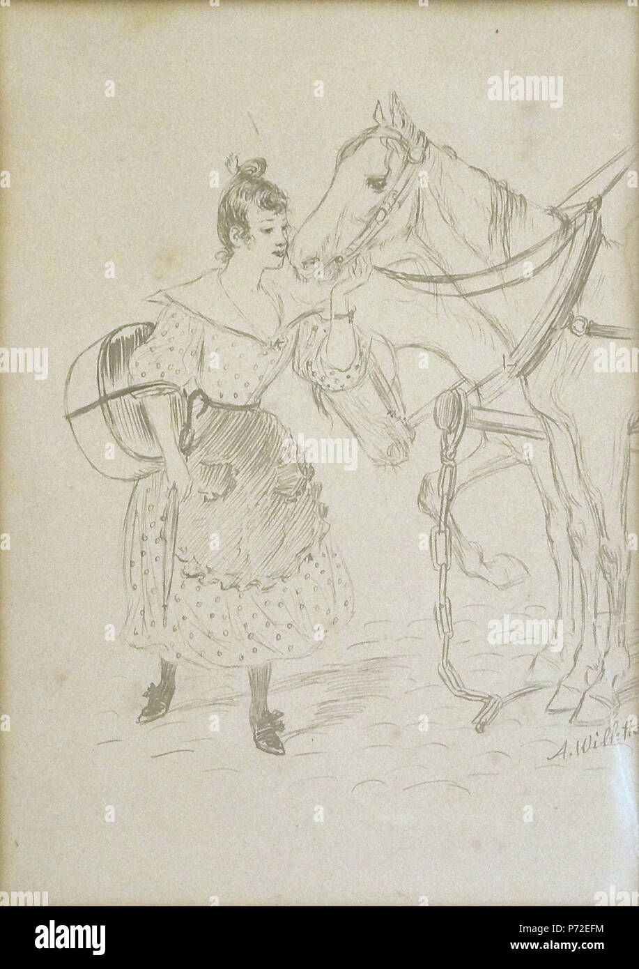 English : Willette A. - encre brune - Jeune-femme et chevaux - 20.5x14.5cm . 2 septembre 2016, 11:16:51 229 A. Willette - encre brune - Jeune-femme et chevaux - 20.5x14.5cm Banque D'Images