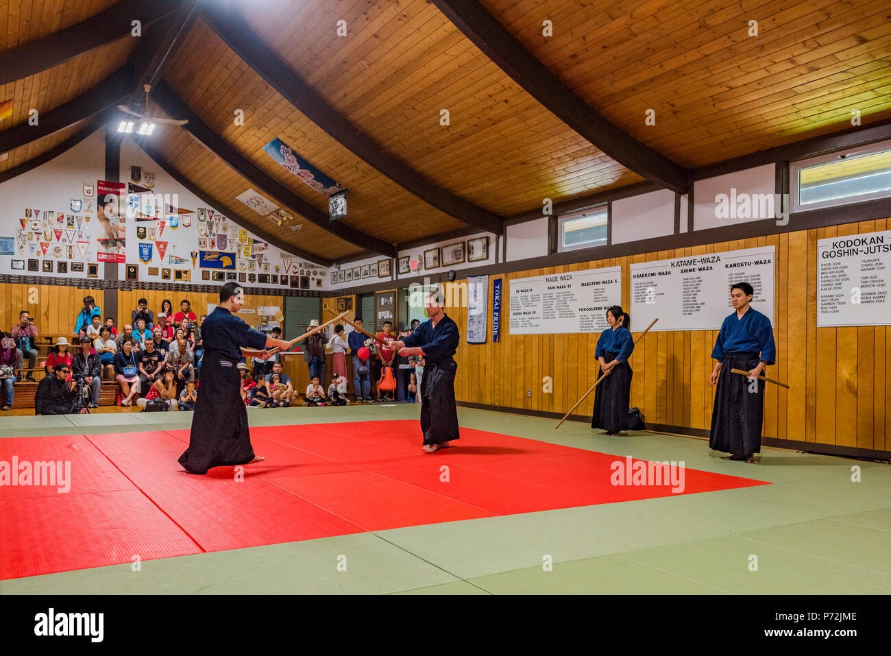Démonstration de Kendo, art martial Japonais traditionnel du sabre (kenjutsu) avec l'aide d'épées en bambou, Steveston, Richmond, British Columbia, Canada Banque D'Images