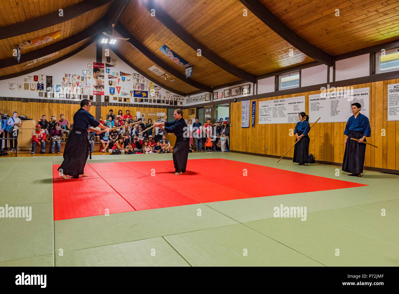 Démonstration de Kendo, art martial Japonais traditionnel du sabre (kenjutsu) avec l'aide d'épées en bambou, Steveston, Richmond, British Columbia, Canada Banque D'Images