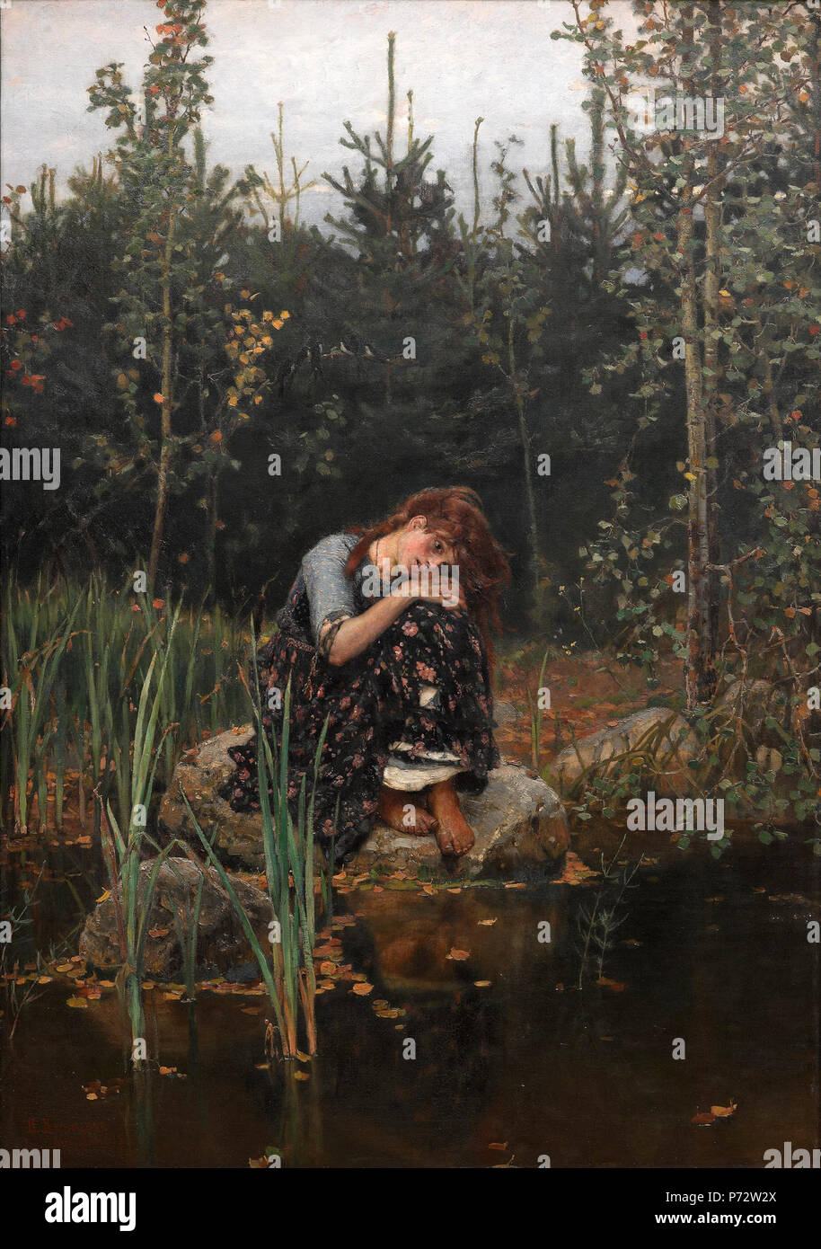 . Fédération : "Алёнушка" Alenushka . Ne pas cibler un thème spécifique ou un événement, Vasnetsov a réussi à représenter dans sa photo l'âme de conte russe, qui s'apparente à Mid-Russian tranquille de la nature. L'image de Alyonushka, peint avec un paysan comme le modèle, traduit la souffrance d'un meek, orphelin solitaire, abandonné par tout le monde, qui est présent dans de nombreux un conte. Elle passe une éternité assis sur une pierre blanche, comme s'est transformée en pierre avec la souffrance, ses yeux d'un miroir de unspoken de désespoir. Les yeux de la jeune fille vous tirer en comme d'un bain à remous. L'eau, profond et sombre avec un reflet transparent brillant, est pulli Banque D'Images