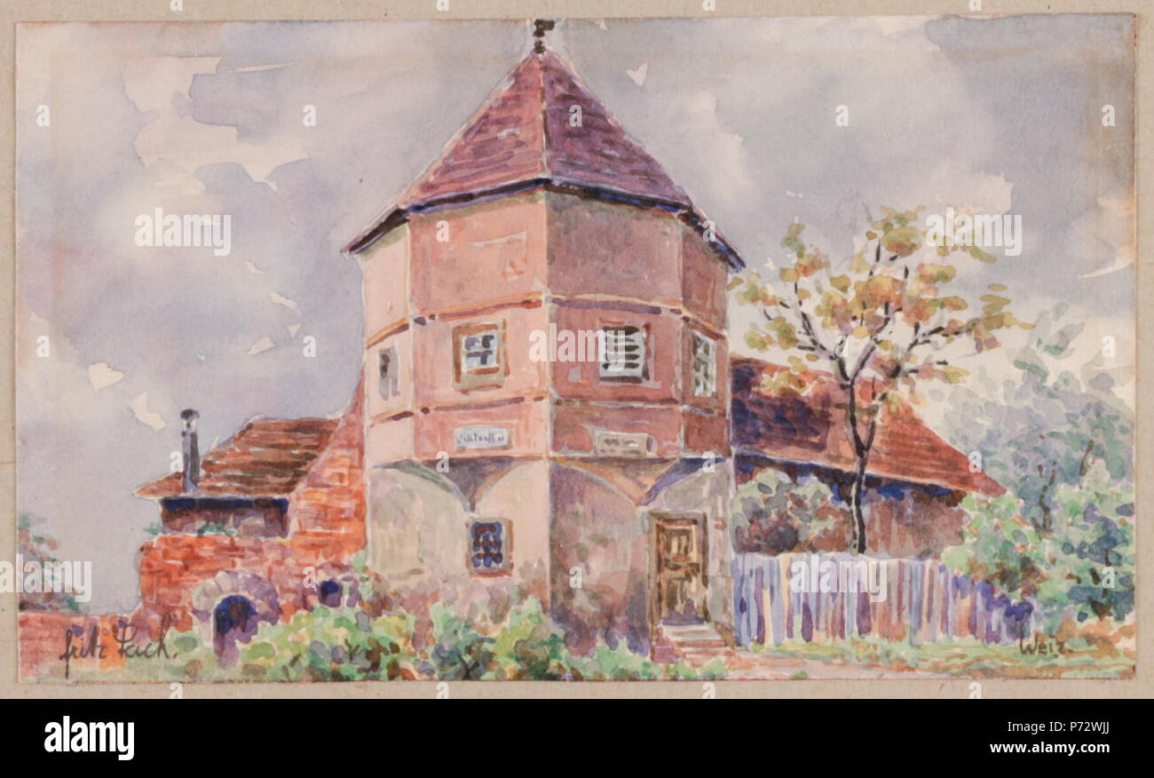 Deutsch : Turm de Weiz, links unten signiert : Fritz Lach, betitelt : Weiz, Aquarell auf Papier, ca. 10 x 17 cm . En 1933 Fritz 125 Lach Weiz Banque D'Images