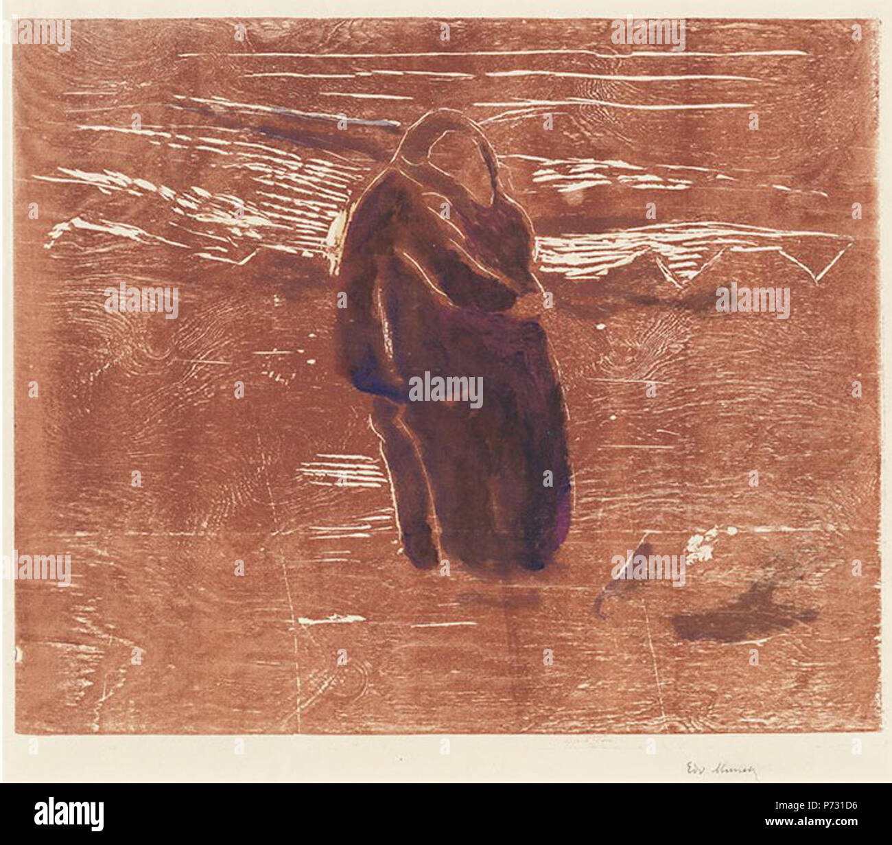 Anglais : Le baiser dans le domaine d'Edvard Munch, 1943, gravure sur bois imprimée en rouge-brun à l'aquarelle sur papier vélin, 40,4 x 49 cm bloc (15 7/8 x 19 5/16 in.) dans l'ensemble, 53,8 x 64,1 cm (21 3/16 x 25 1/4 in.), National Gallery of Art, Washington . 1943 36 Le baiser dans le domaine d'Edvard Munch, 1943, gravure sur bois imprimée en rouge-brun Banque D'Images