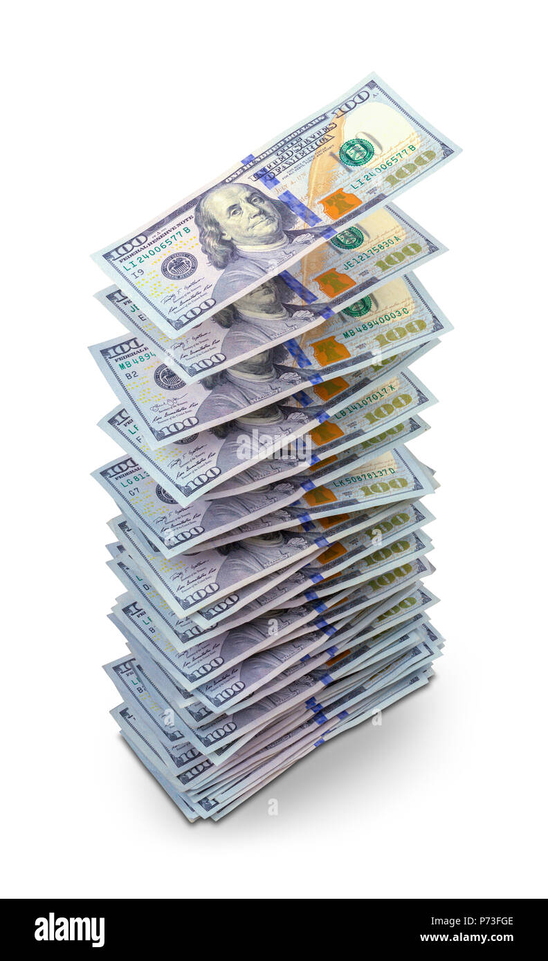 Hundred Dollar Bills empiler jusqu'isolé sur blanc. Banque D'Images