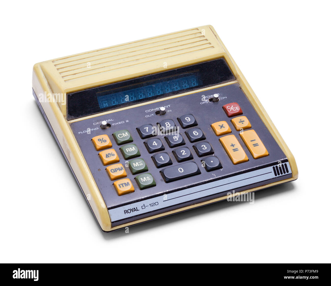 Calculatrice Vintage sale isolé sur un fond blanc. Banque D'Images