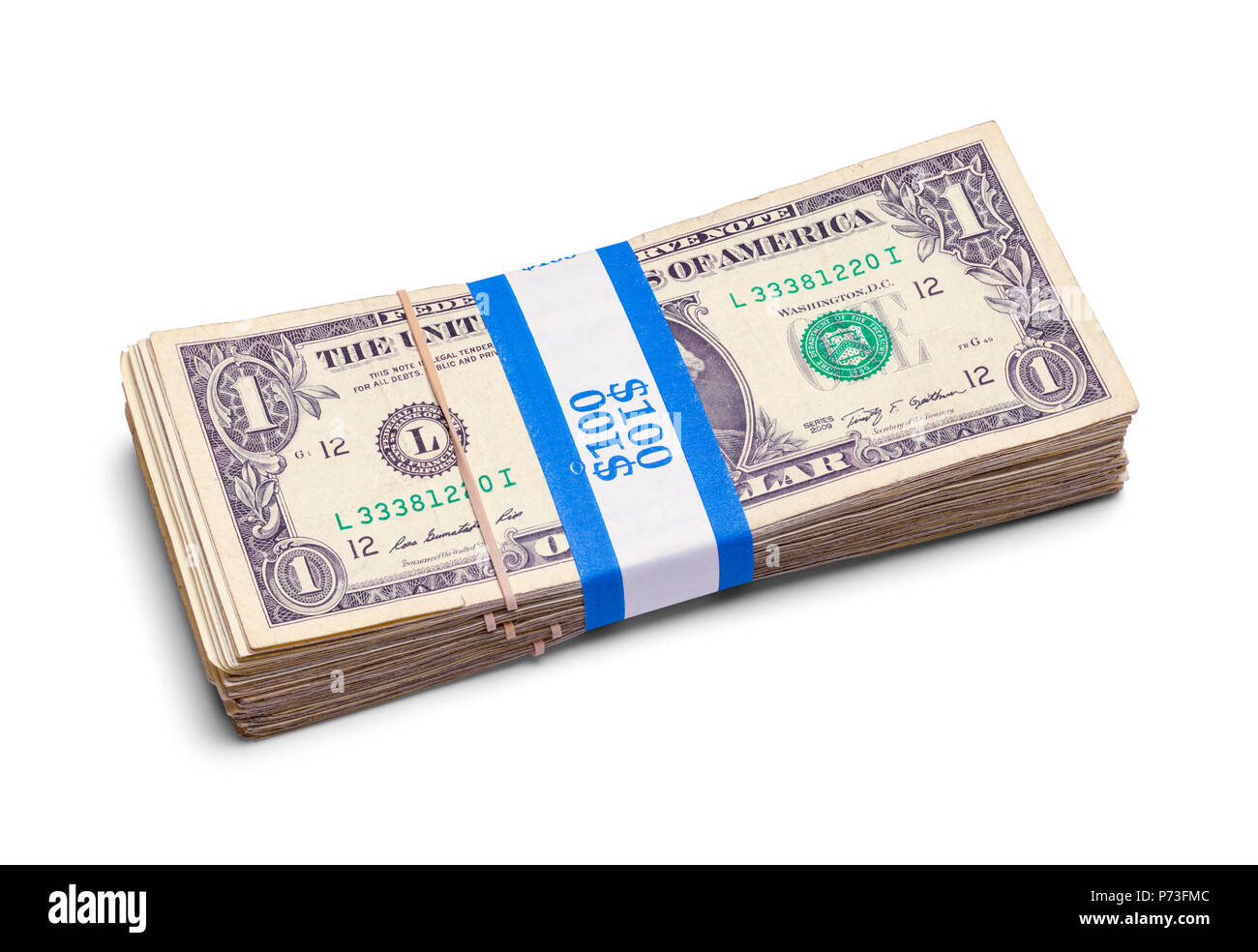 Pile de One Dollar Bills isolé sur un fond blanc. Banque D'Images