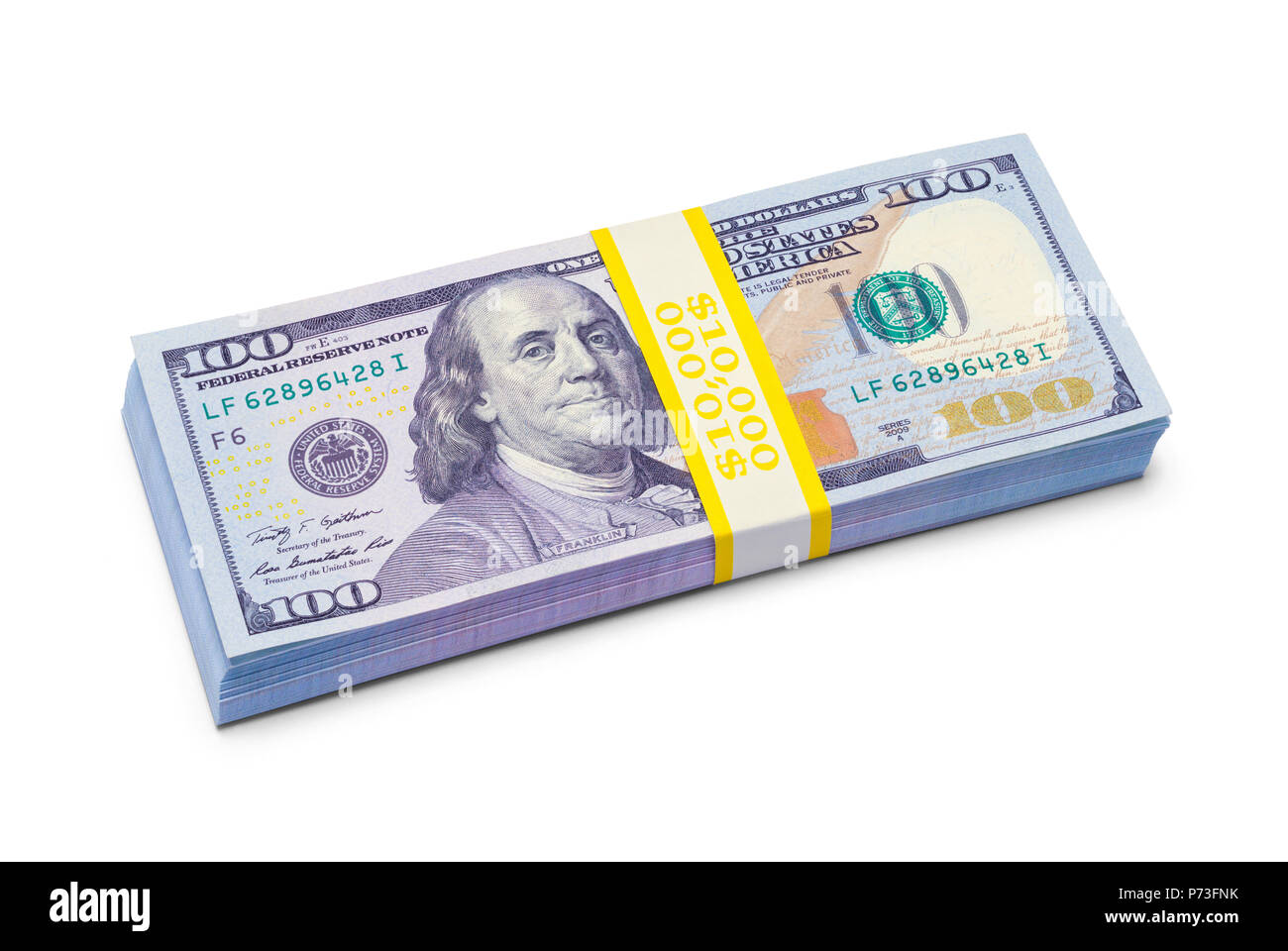 Pile de One Hundred Dollar Bills isolé sur un fond blanc. Banque D'Images