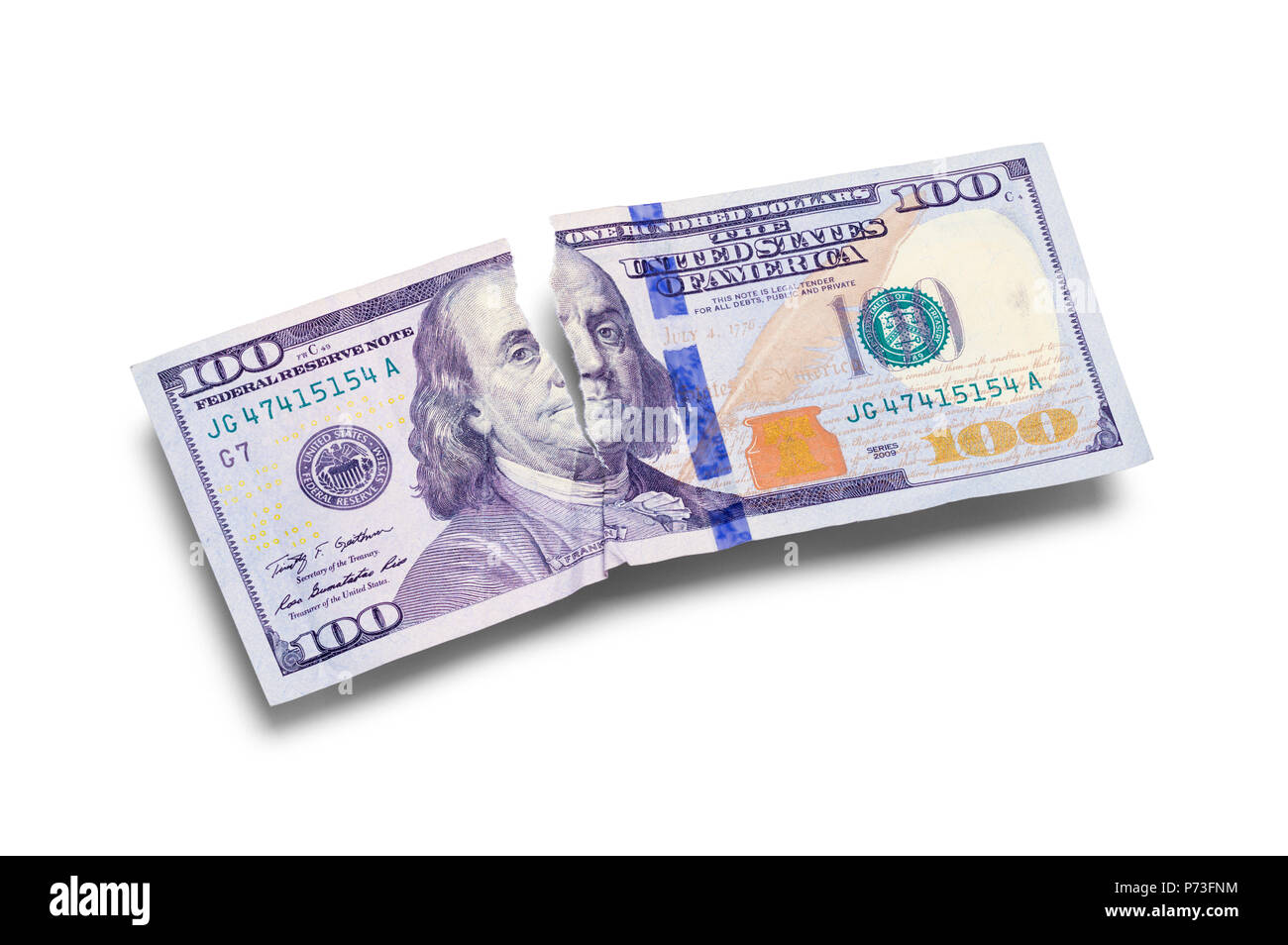 One Hundred Dollar Bill l'extraction dans la moitié isolé sur un fond blanc. Banque D'Images