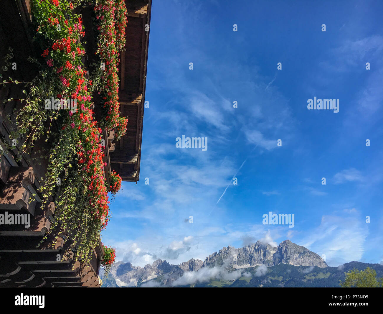 Balcon en bois plein de fleurs d'été avec Wilder Kaiser en arrière-plan Banque D'Images