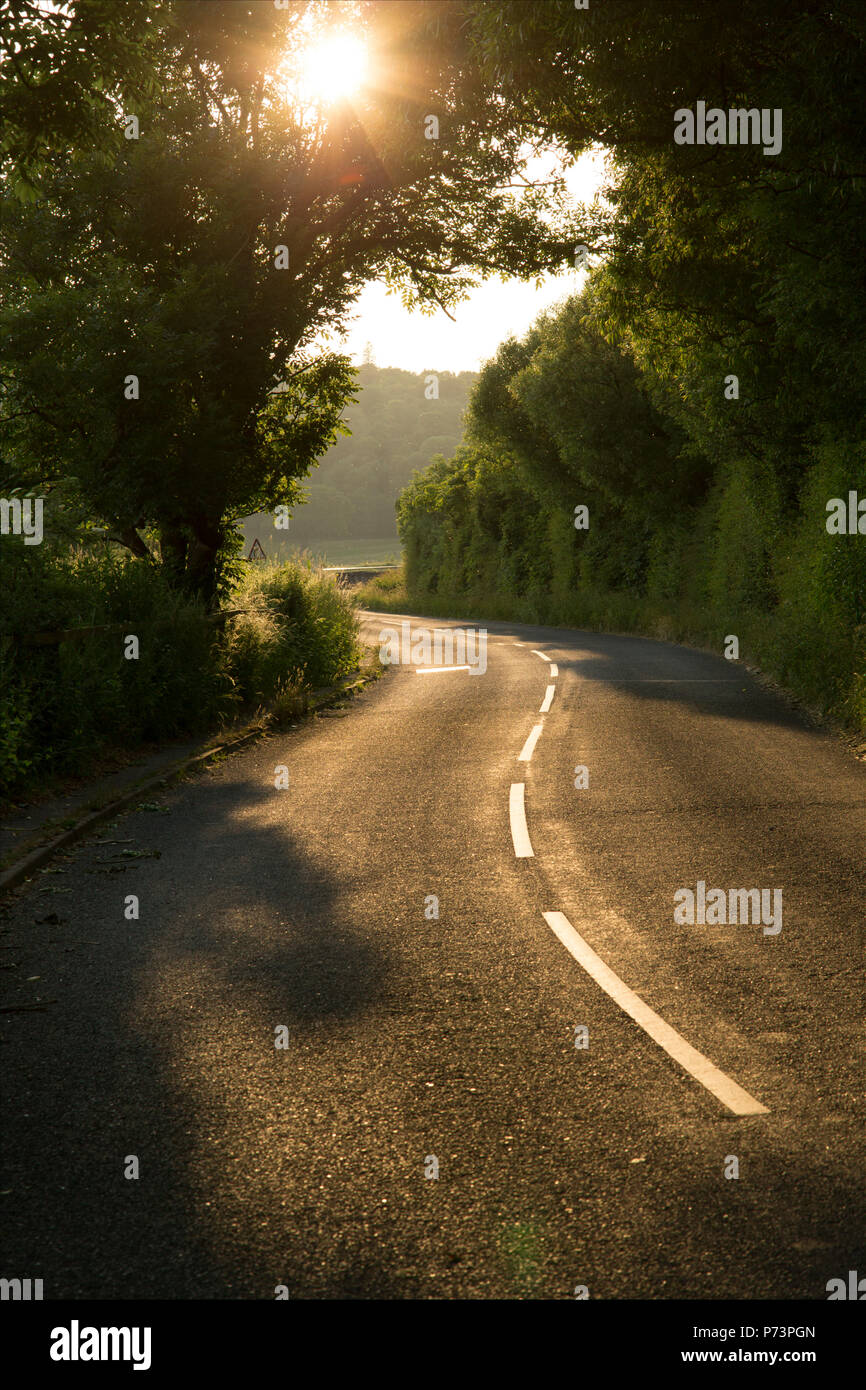 Une route sinueuse dans la soirée entre Warton et Silverdale dans le Lancashire England UK GO Banque D'Images