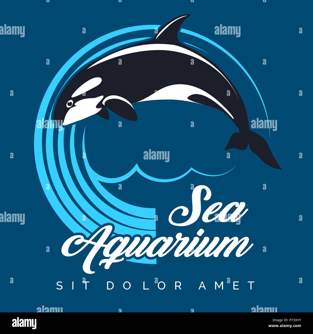Le logo ou l'emblème de l'Aquarium de mer. Jumping Orca contre cercle de vagues. Vector illustration. Illustration de Vecteur