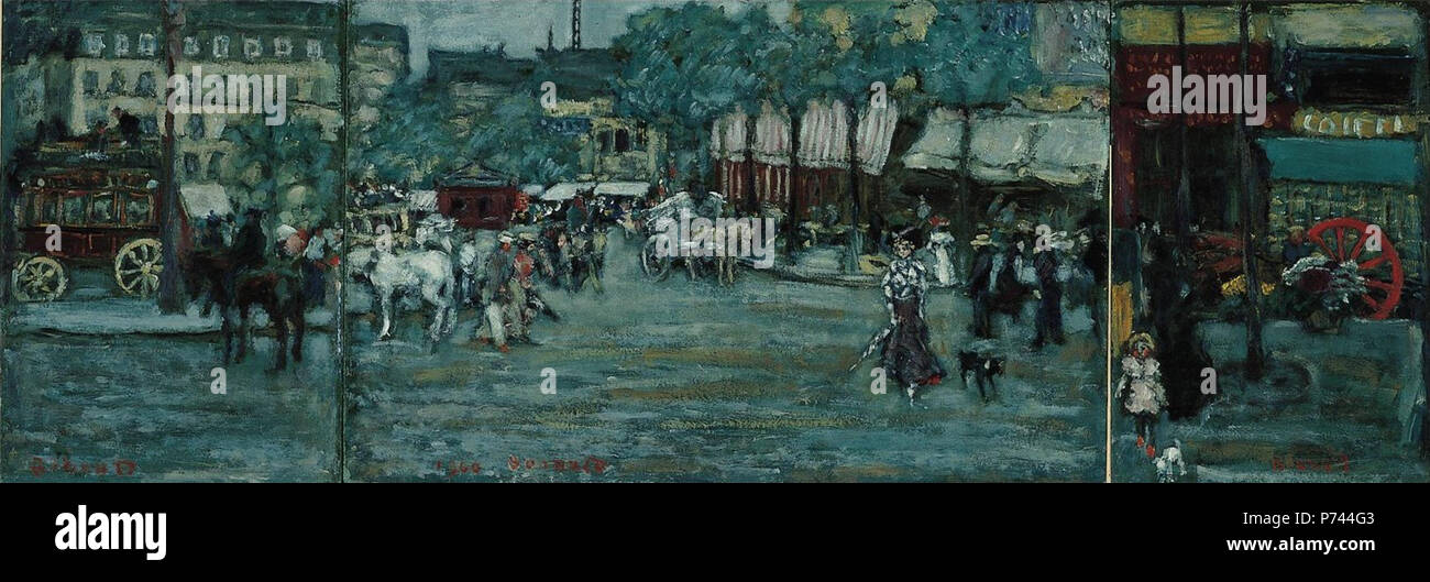 Anglais : Place Clichy, Paris de Pierre Bonnard, 1900, huile sur carton triptyque, 13 3/4 x 38 3/4 in. (34,9 x 98,4 cm), Norton Simon Museum . 19008 'La Place de Clichy, Paris" de Pierre Bonnard, 1900 Banque D'Images
