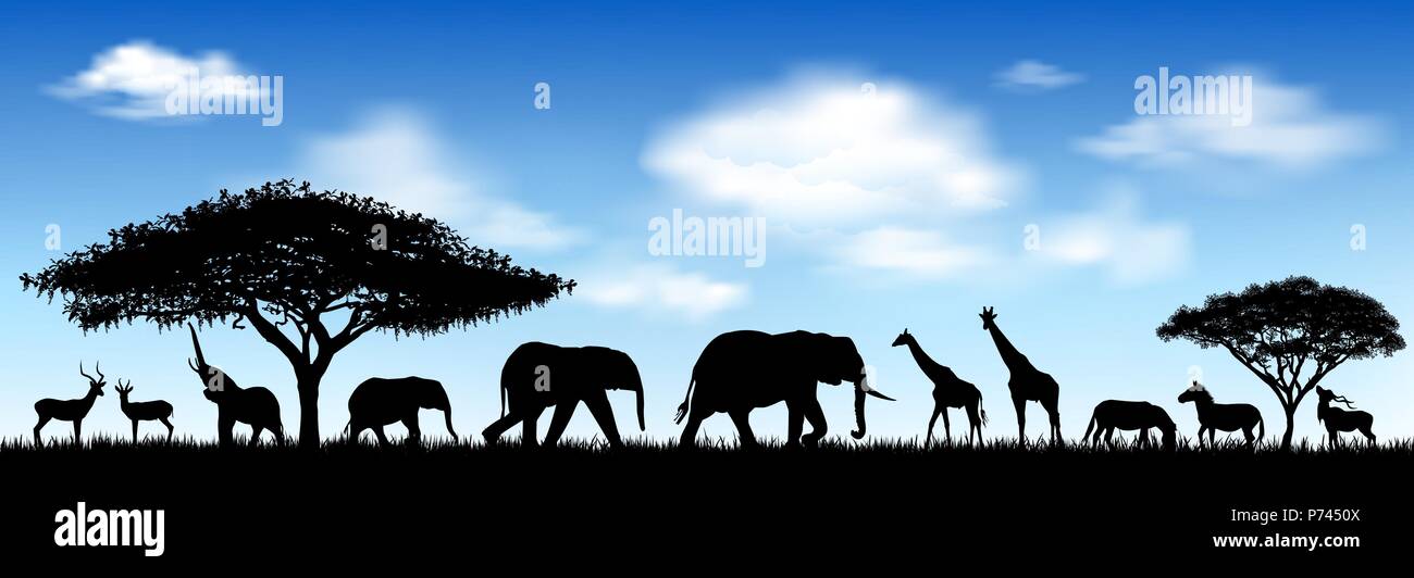 Silhouettes d'animaux de la savane africaine. Animaux d'Afrique sauvage contre le ciel bleu. Illustration de Vecteur