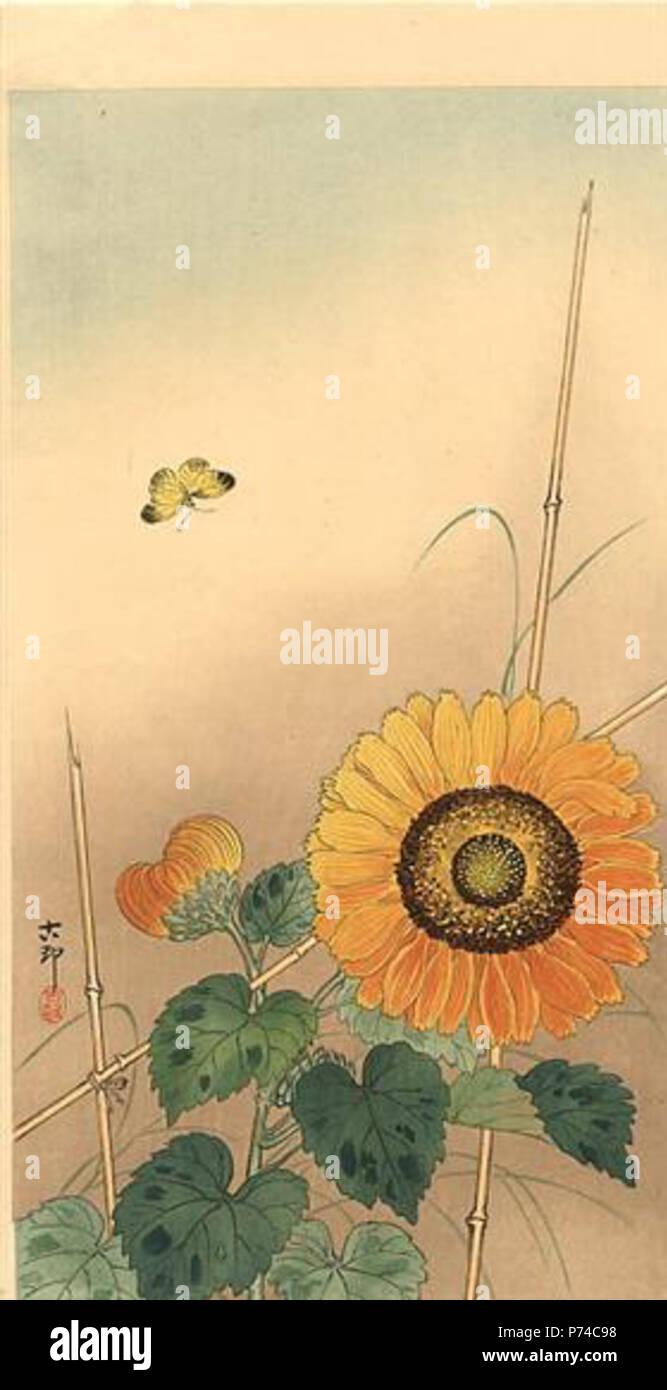 Ohara Koson travail par . avant 1945 28 - petit papillon de Koson-et-tournesol Banque D'Images