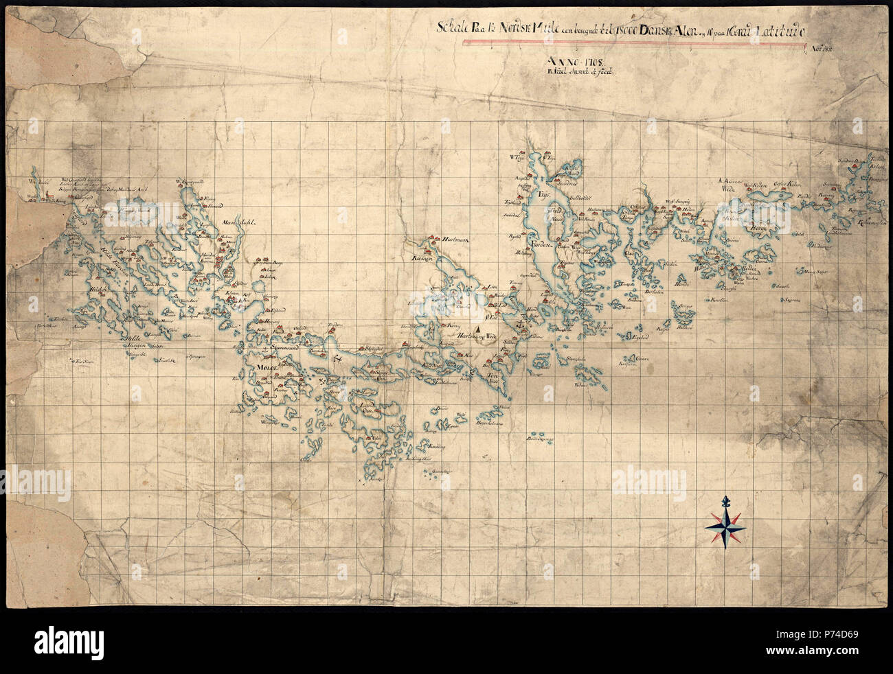 Håndtegnet sur kart kysten ved Mandal, 1708 - carte dessinée à la main de la côte à Mandal, 1708 - R. Iuel Cartographe Banque D'Images