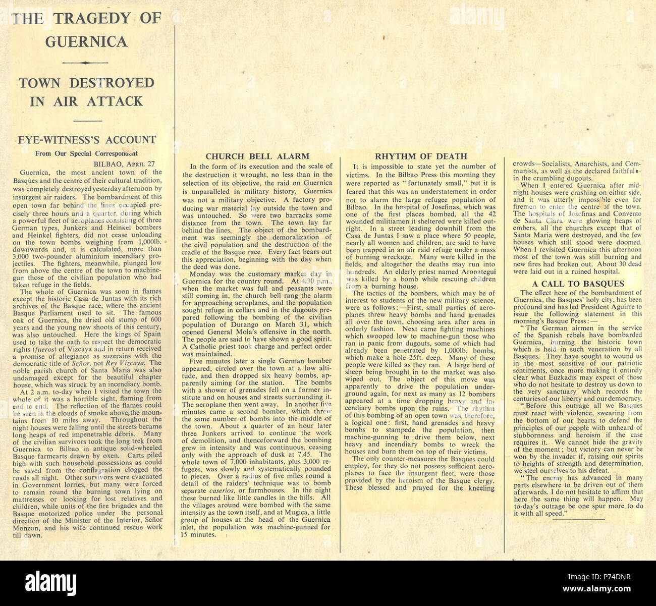 Anglais : Chronique du bombardement de Guernica fait la journée après le bombardement et publiés dans "l'air du temps. Español : Crónica del bombardeo de Guernica realizada al día siguiente del bombardeo y publicada en 'The Times'. 27 avril 1937 49 La tragédie de Guernica (George Steer) Banque D'Images