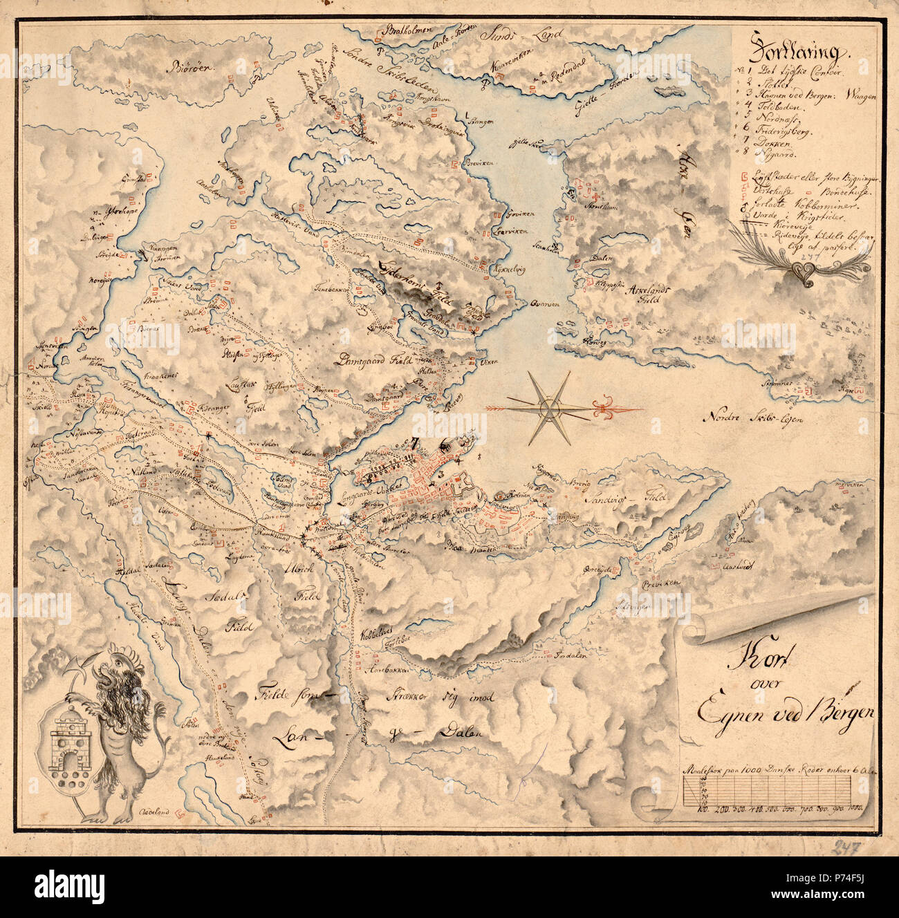 Håndtegnet kart sur Bergen med omegn - Cartographer Ukjent. ca 1770 Banque D'Images