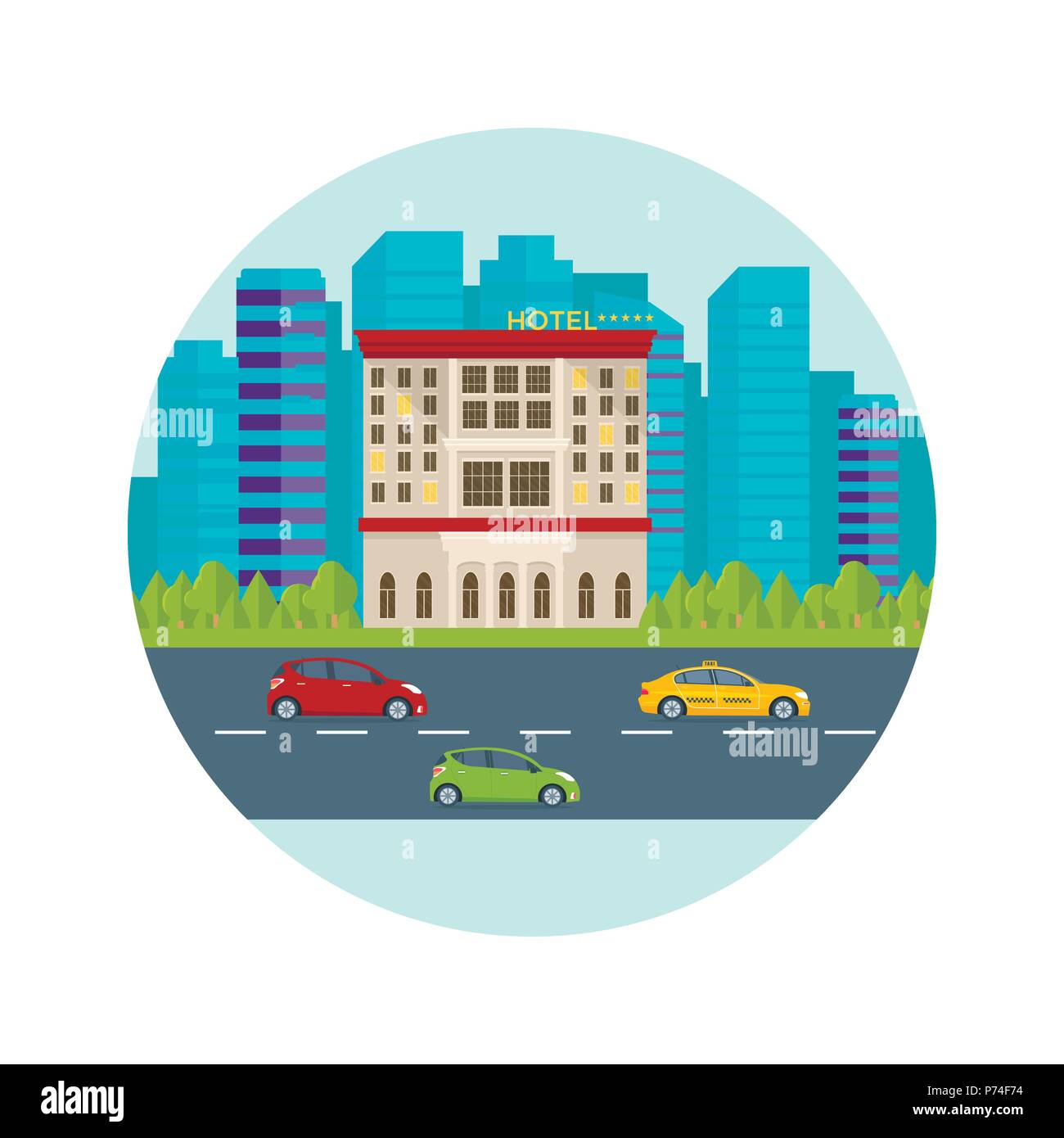 Cher hôtel de luxe de la ville, vecteur de télévision motel route de rue avec des voitures, de la ville, paysage urbain Vue de face. Voyages et tourisme conc Illustration de Vecteur