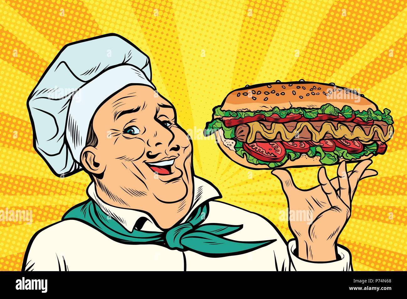 Chef cuisinier homme présentation geste. hot dog avec salade de saucisse Illustration de Vecteur
