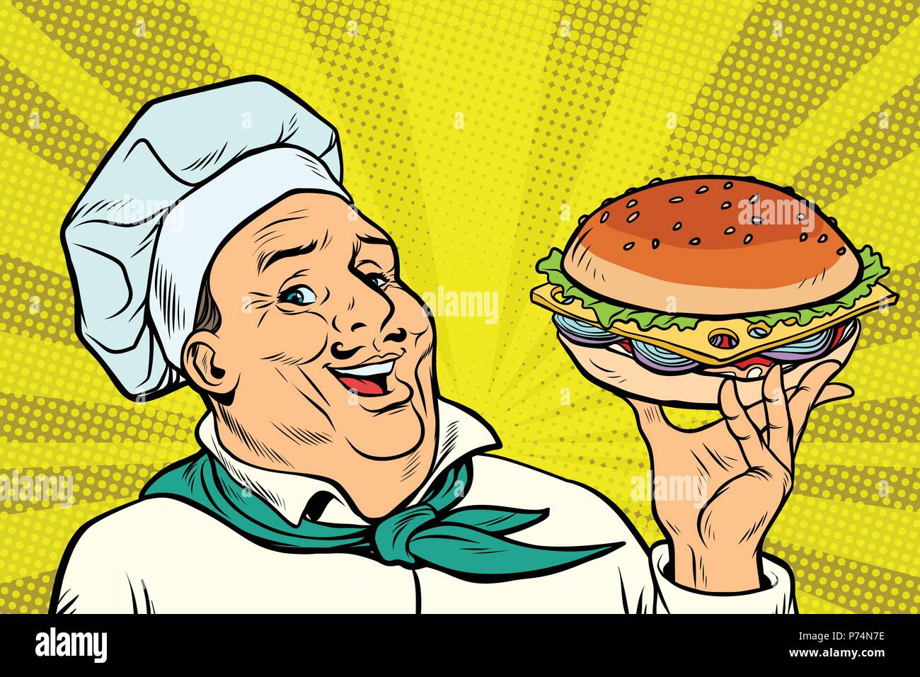 Chef cuisinier homme geste présentation hamburger. Illustration de Vecteur